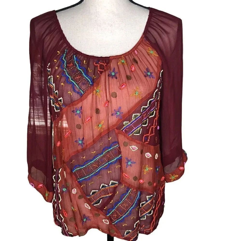 Lucky Brand Maroon Sheer Beaded Boho Top Size S